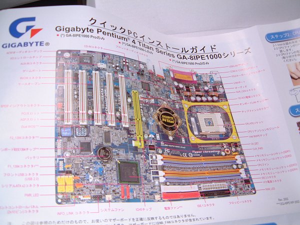 [写真：マザーボード付属のパソコン組み立て図。]